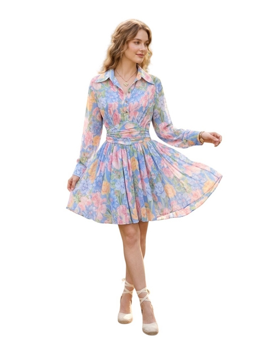Olivaceous Floral Dress Medium Blue Cottagecore Belted Chiffon Midi